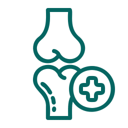 Line drawing of two bones forming a joint, with a medical cross symbol in a circle beside them, representing joint or bone health.