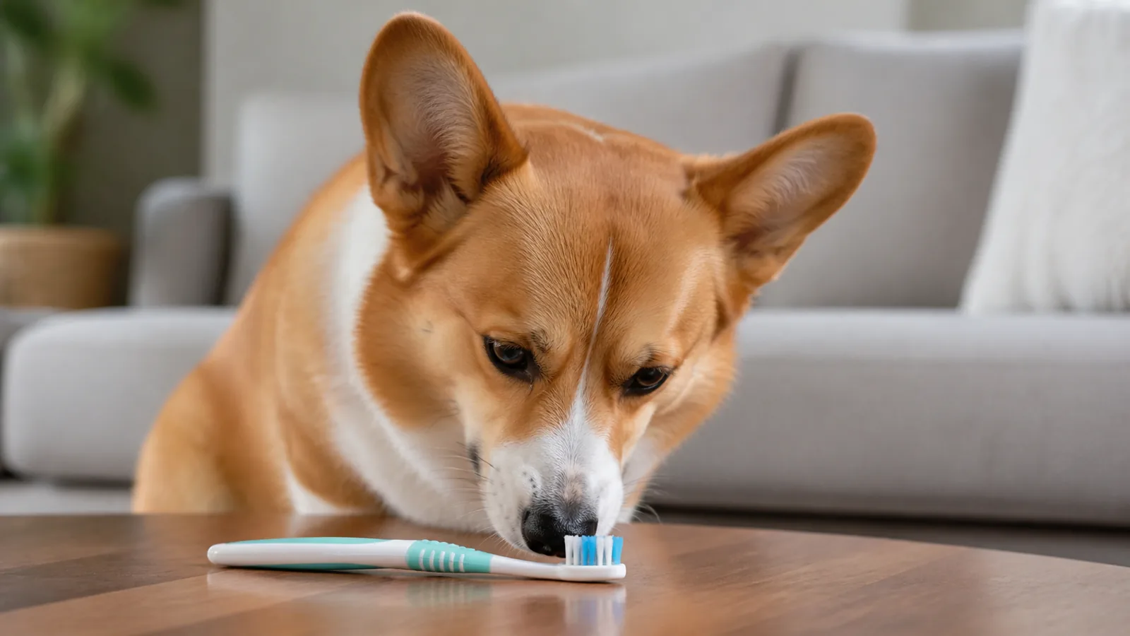 Corgi sitting indoors, calmly sniffing a toothbrush on the floor, looking a little skeptical.