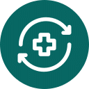 White medical cross symbol surrounded by two circular arrows on a dark teal background, representing healthcare or medical renewal, recovery, or continuous care.