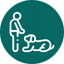 White outline icon of a person standing in front of a sitting dog, both inside a dark green circle.