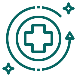 A green medical cross symbol surrounded by two circular arrows and two four-pointed stars on a light background, suggesting health, recovery, and continuous care.