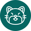A simple white line drawing of a smiling cat's face on a dark teal circular background.
