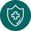 A white shield icon with a cross in the center, representing health or medical protection, on a green circular background.
